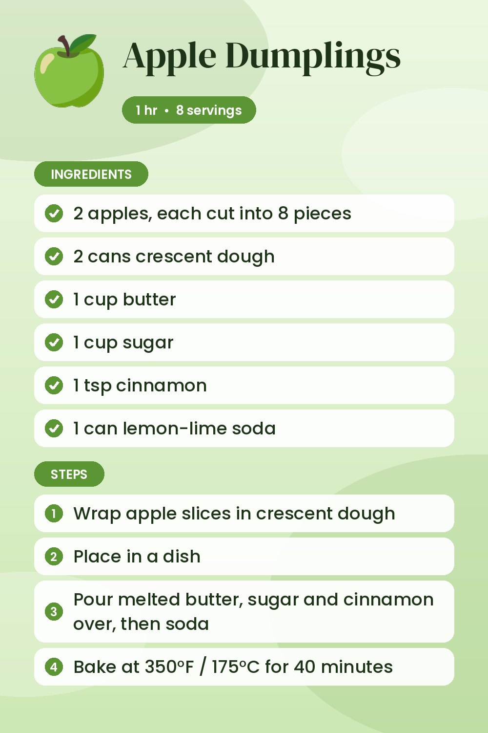 Apple Dumplings: recipe card with ingredients and steps
