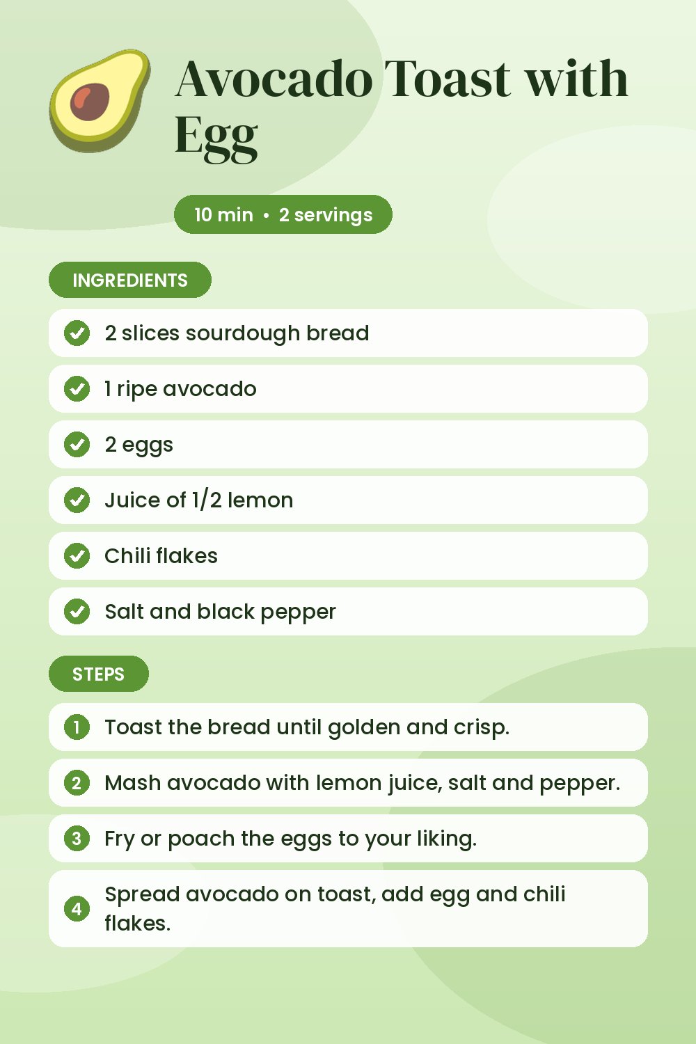 Avocado Toast with Egg: recipe card with ingredients and steps