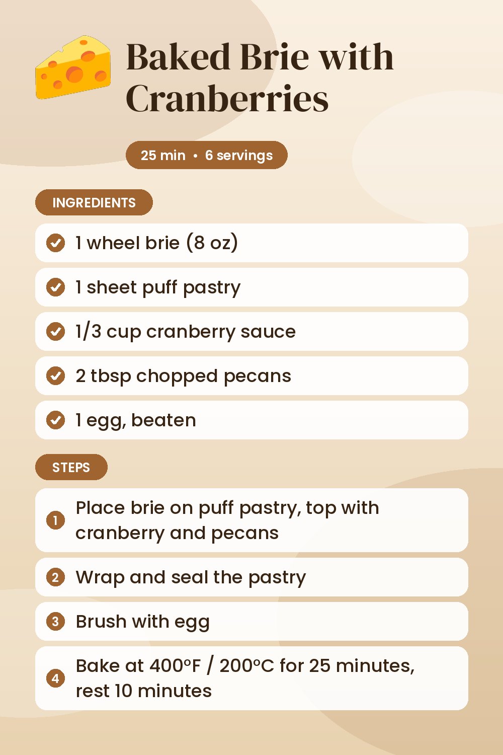 Baked Brie with Cranberries: recipe card with ingredients and steps