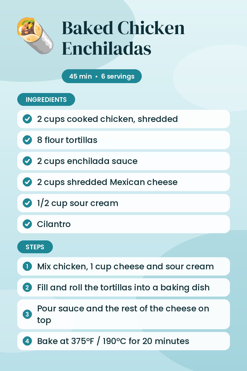 Baked Chicken Enchiladas: recipe card with ingredients and steps