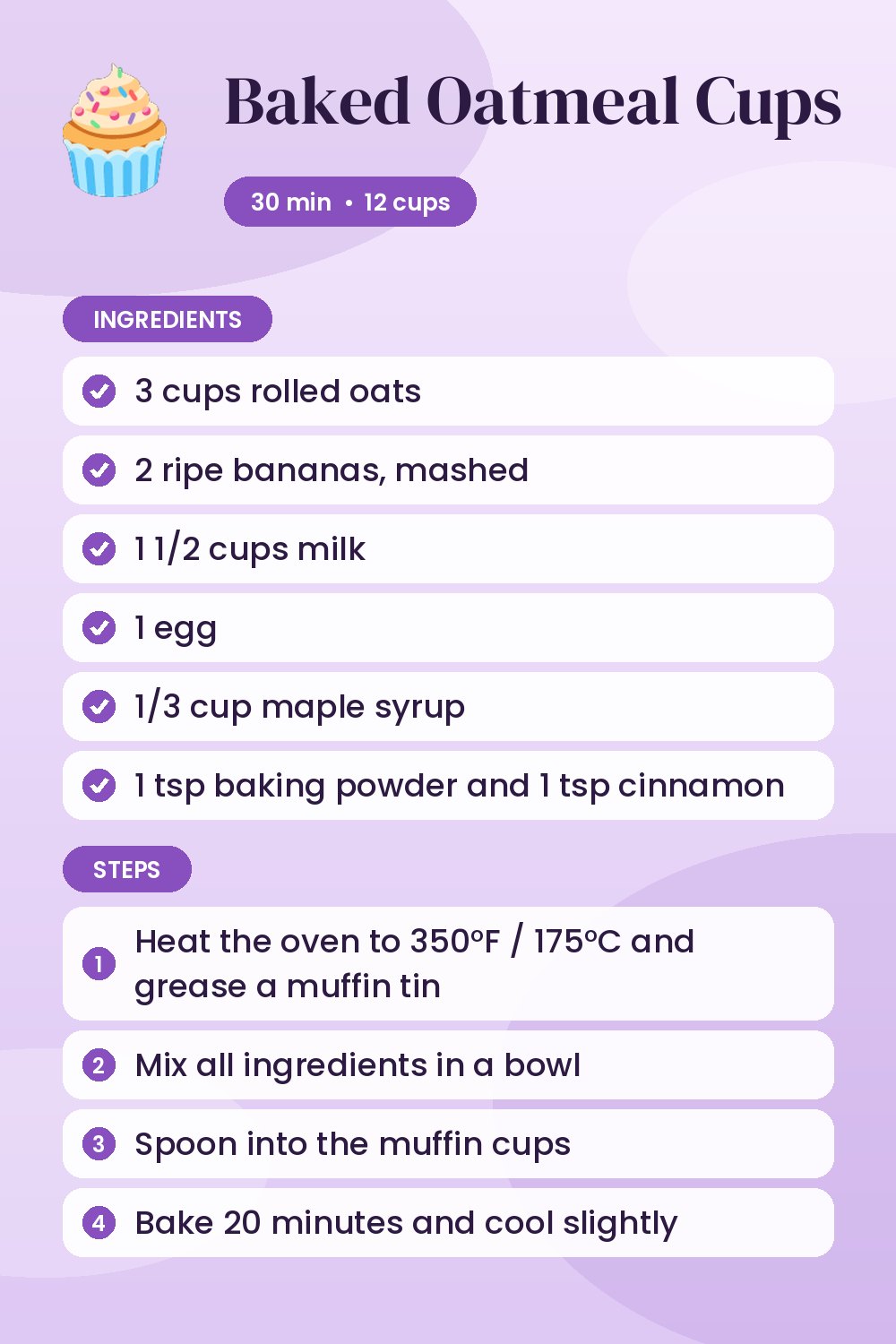 Baked Oatmeal Cups: recipe card with ingredients and steps