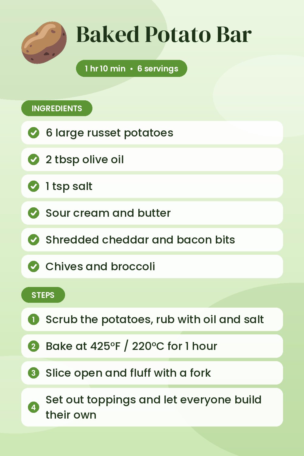 Baked Potato Bar: recipe card with ingredients and steps