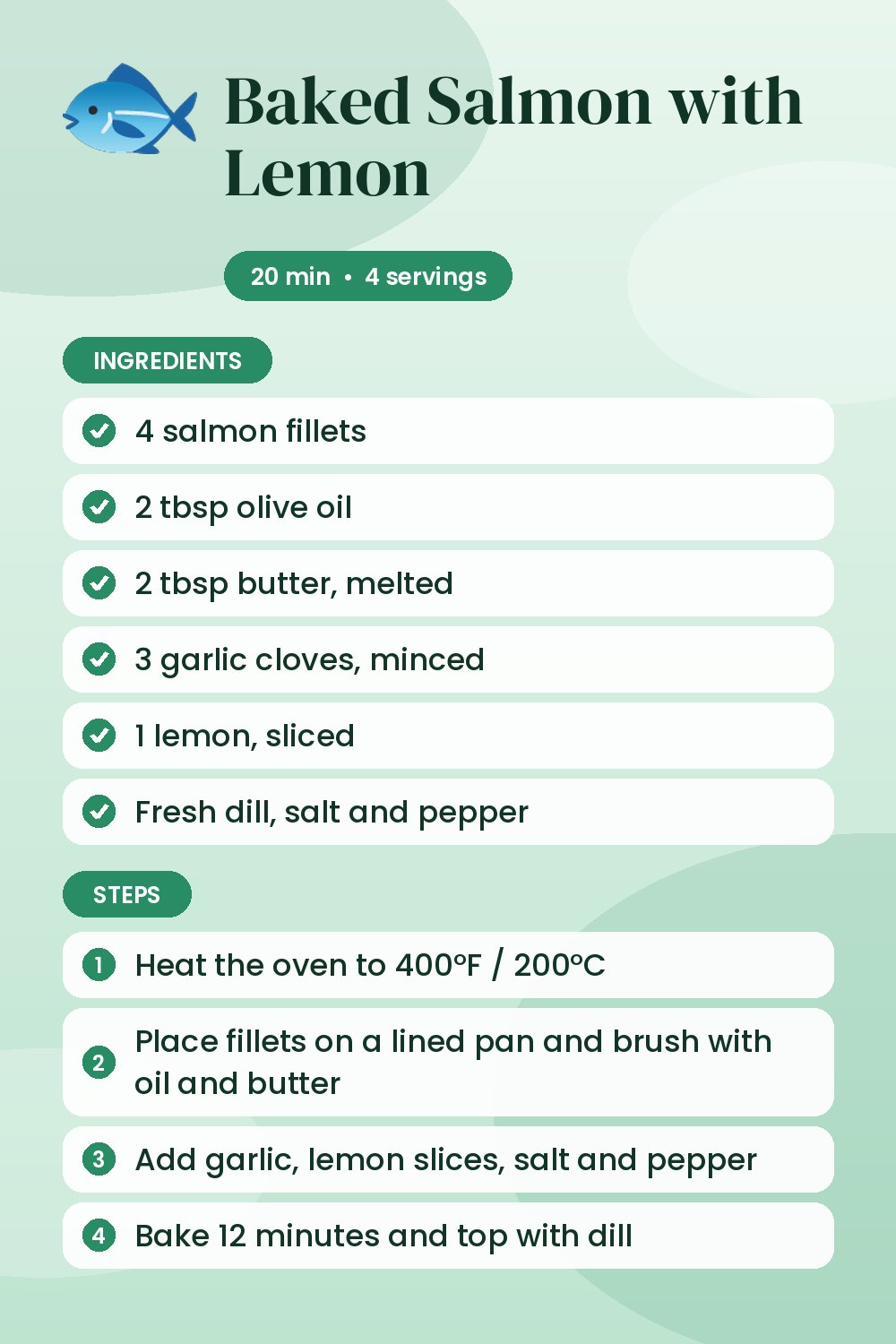 Baked Salmon with Lemon: recipe card with ingredients and steps