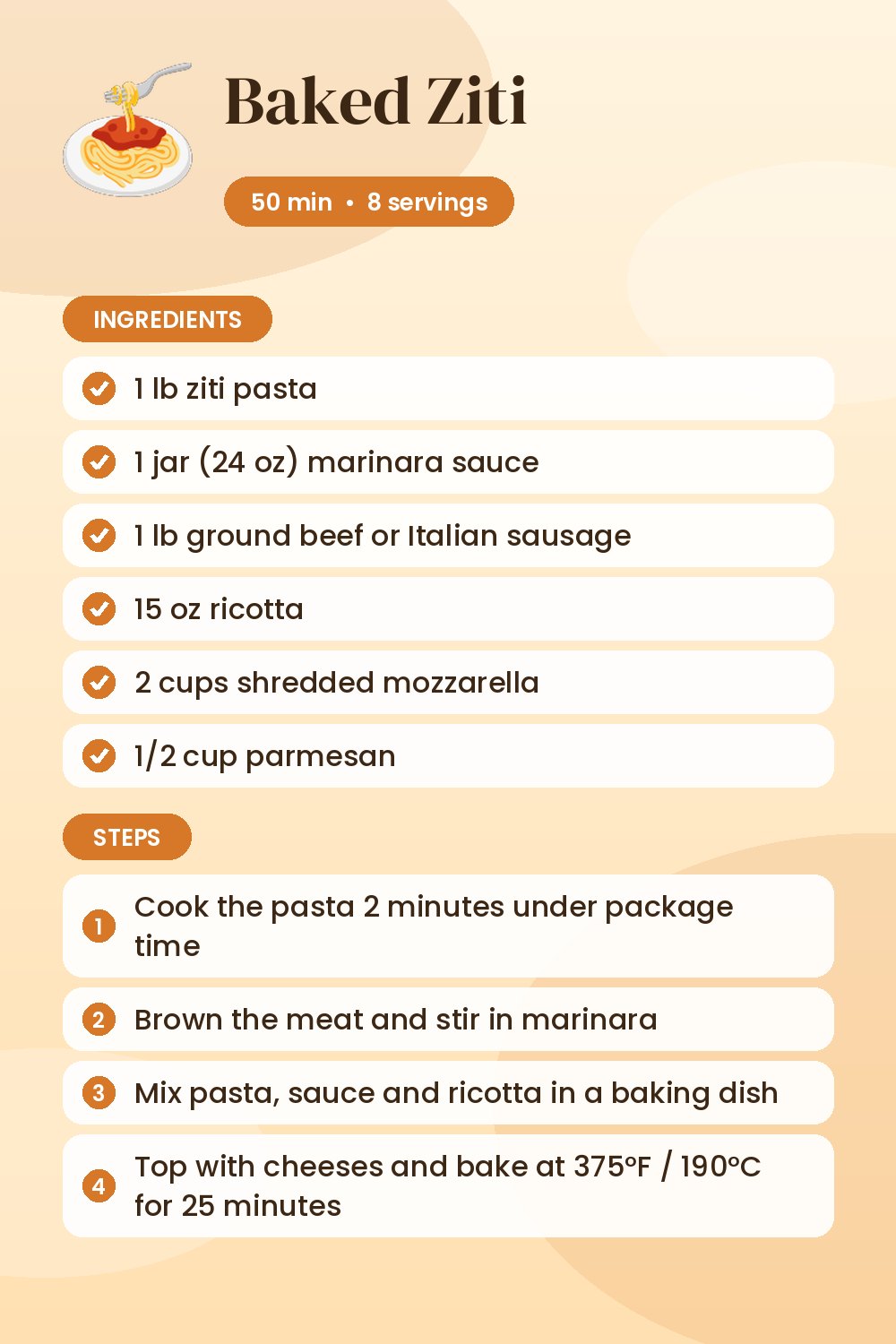Baked Ziti: recipe card with ingredients and steps