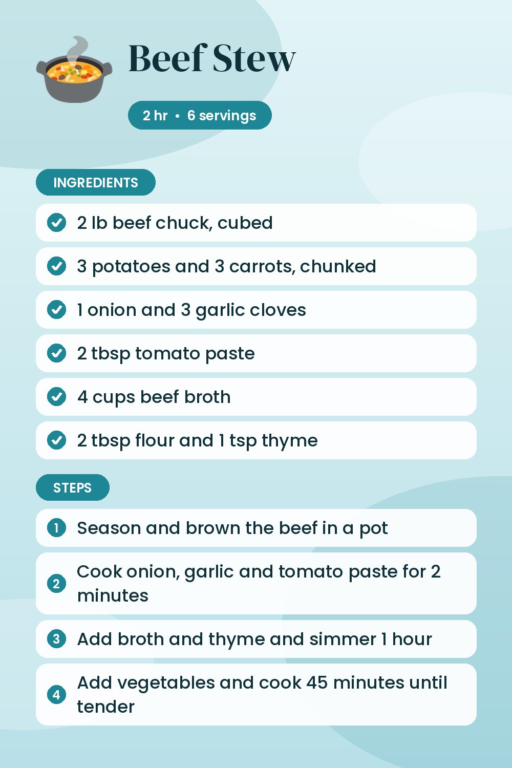 Beef Stew: recipe card with ingredients and steps