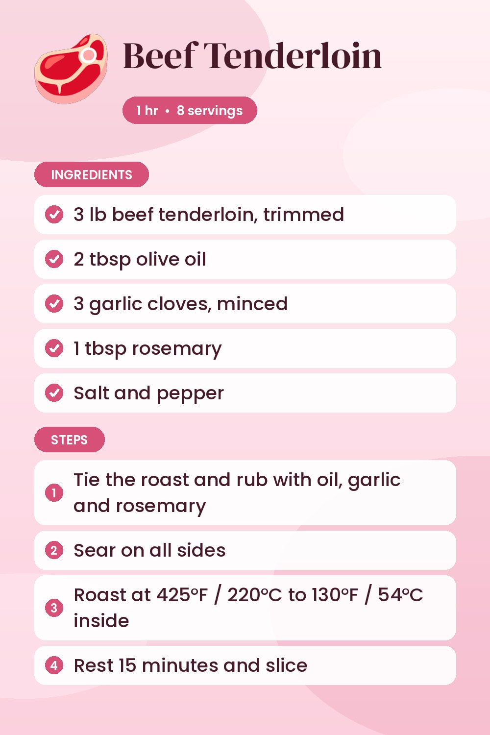 Beef Tenderloin: recipe card with ingredients and steps