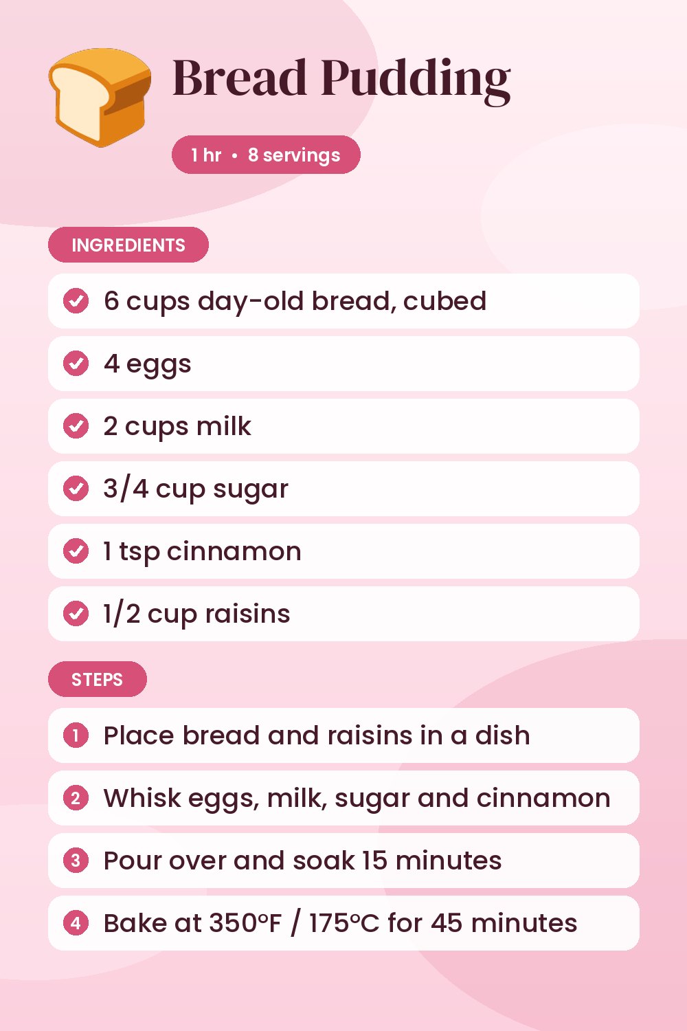 Bread Pudding: recipe card with ingredients and steps