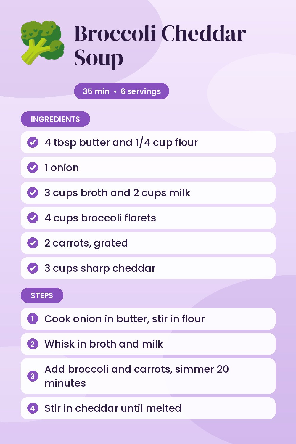 Broccoli Cheddar Soup: recipe card with ingredients and steps