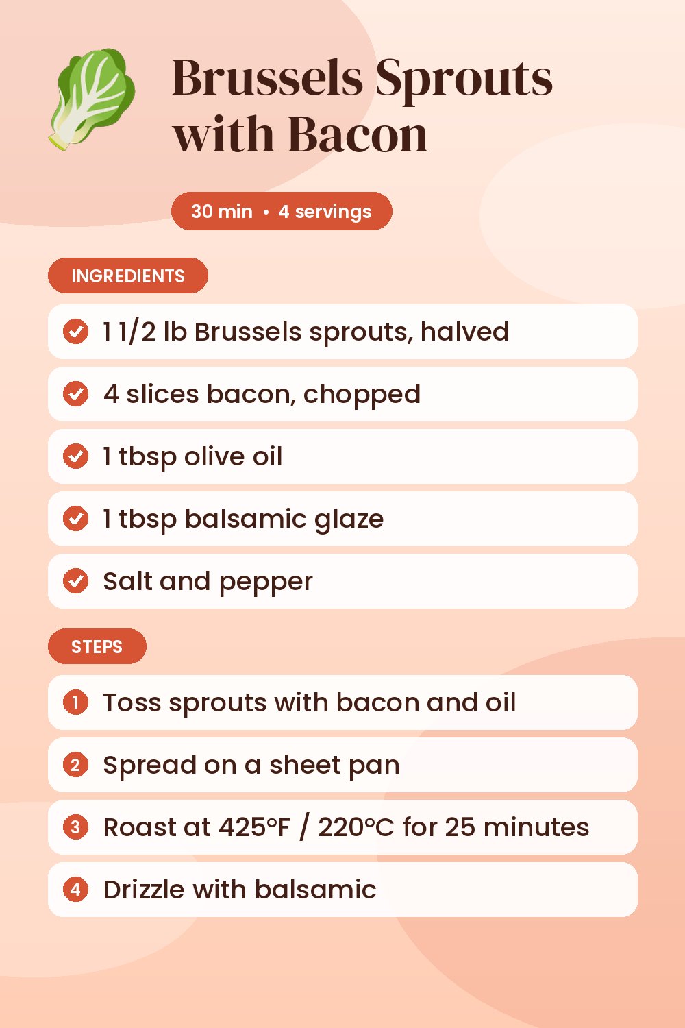 Brussels Sprouts with Bacon: recipe card with ingredients and steps