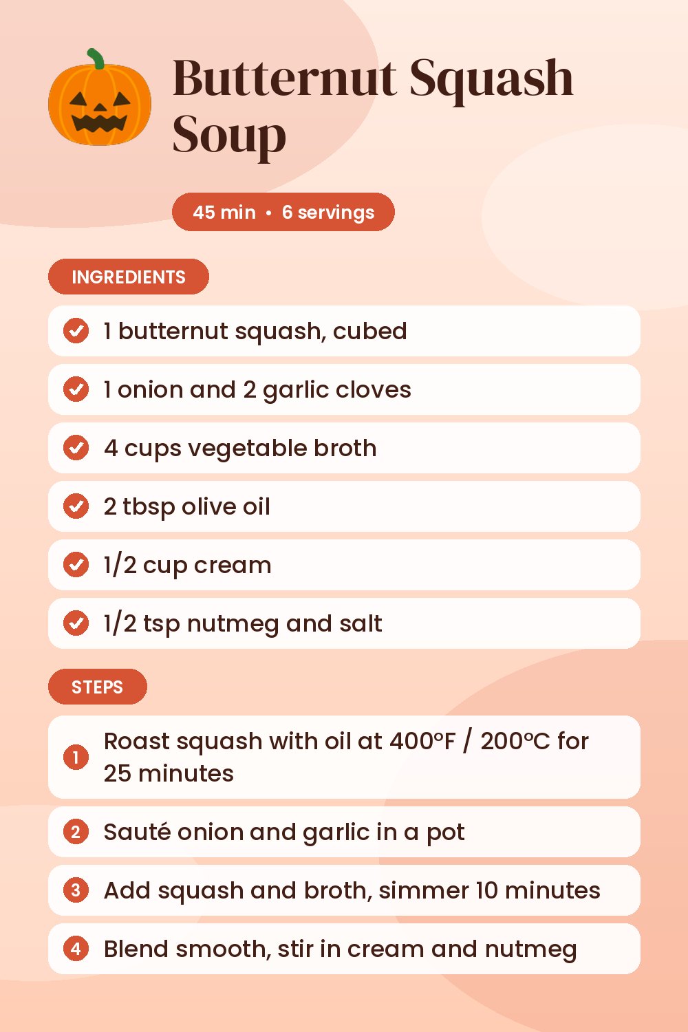 Butternut Squash Soup: recipe card with ingredients and steps