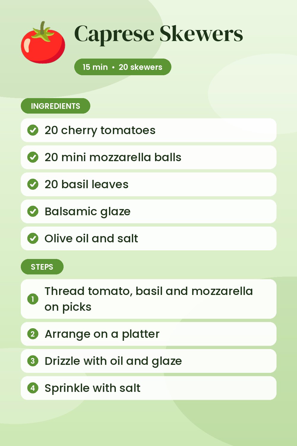 Caprese Skewers: recipe card with ingredients and steps