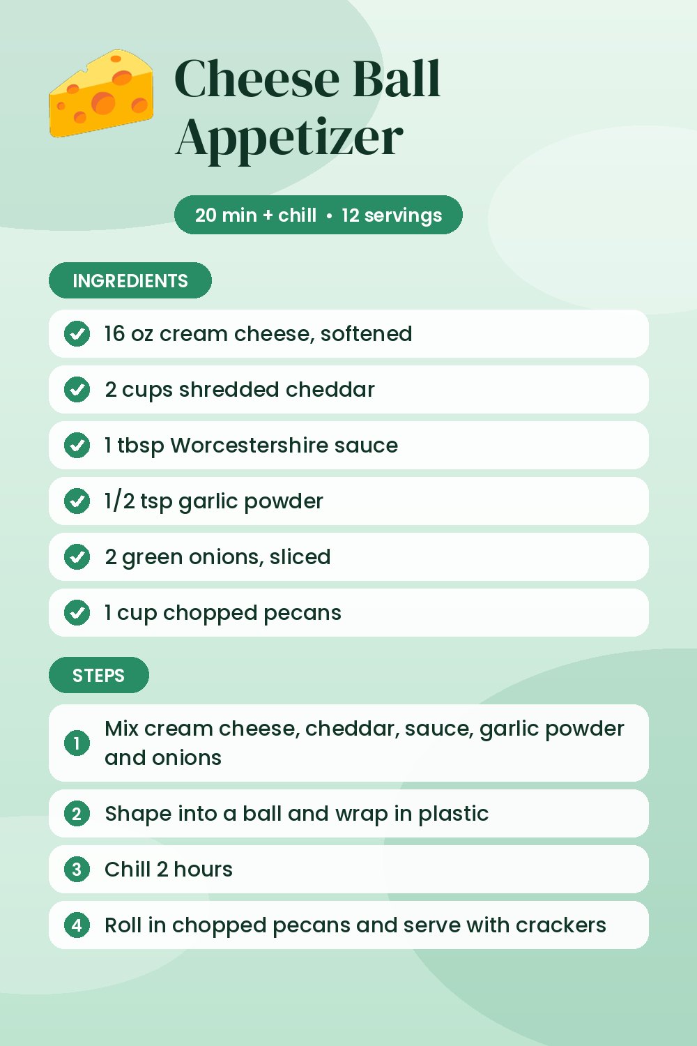 Cheese Ball Appetizer: recipe card with ingredients and steps