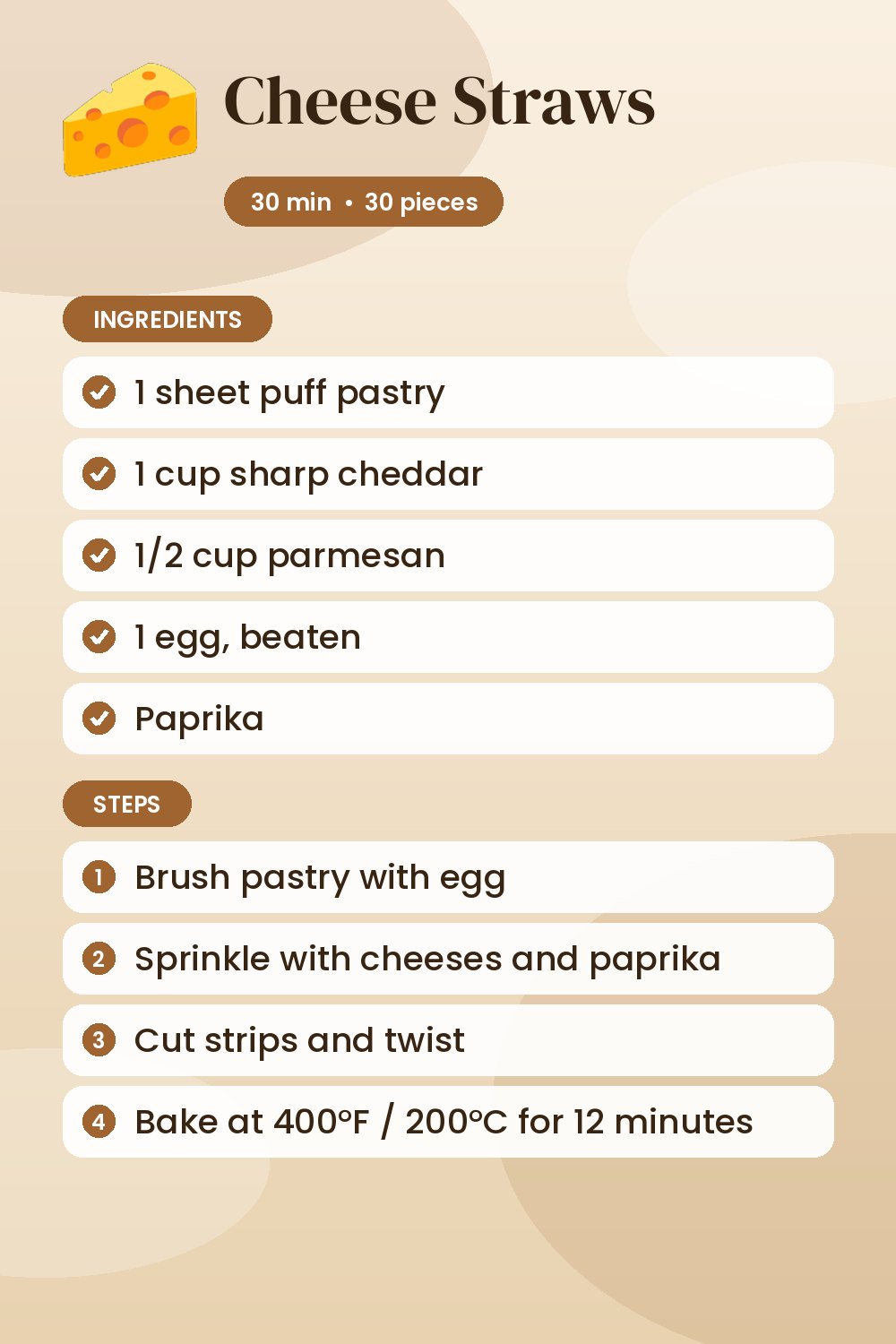 Cheese Straws: recipe card with ingredients and steps