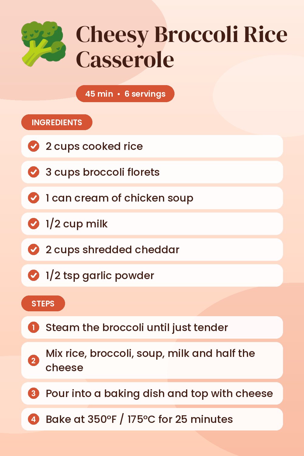 Cheesy Broccoli Rice Casserole: recipe card with ingredients and steps