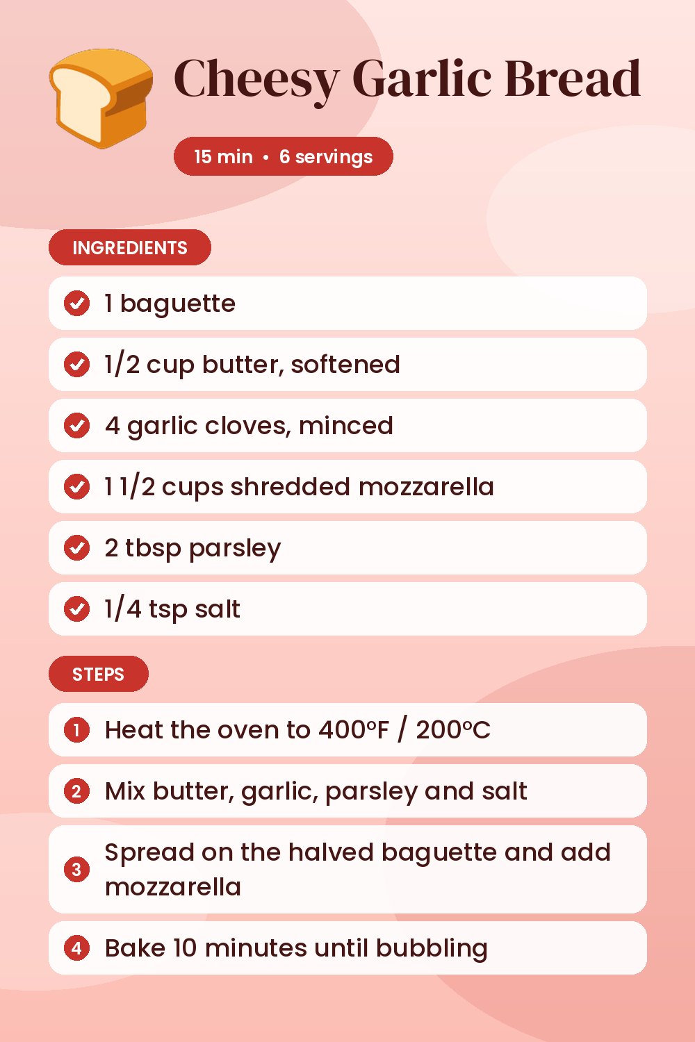 Cheesy Garlic Bread: recipe card with ingredients and steps