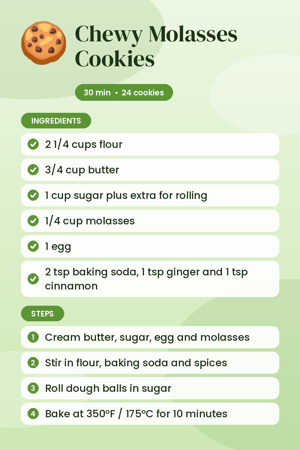 Chewy Molasses Cookies: recipe card with ingredients and steps