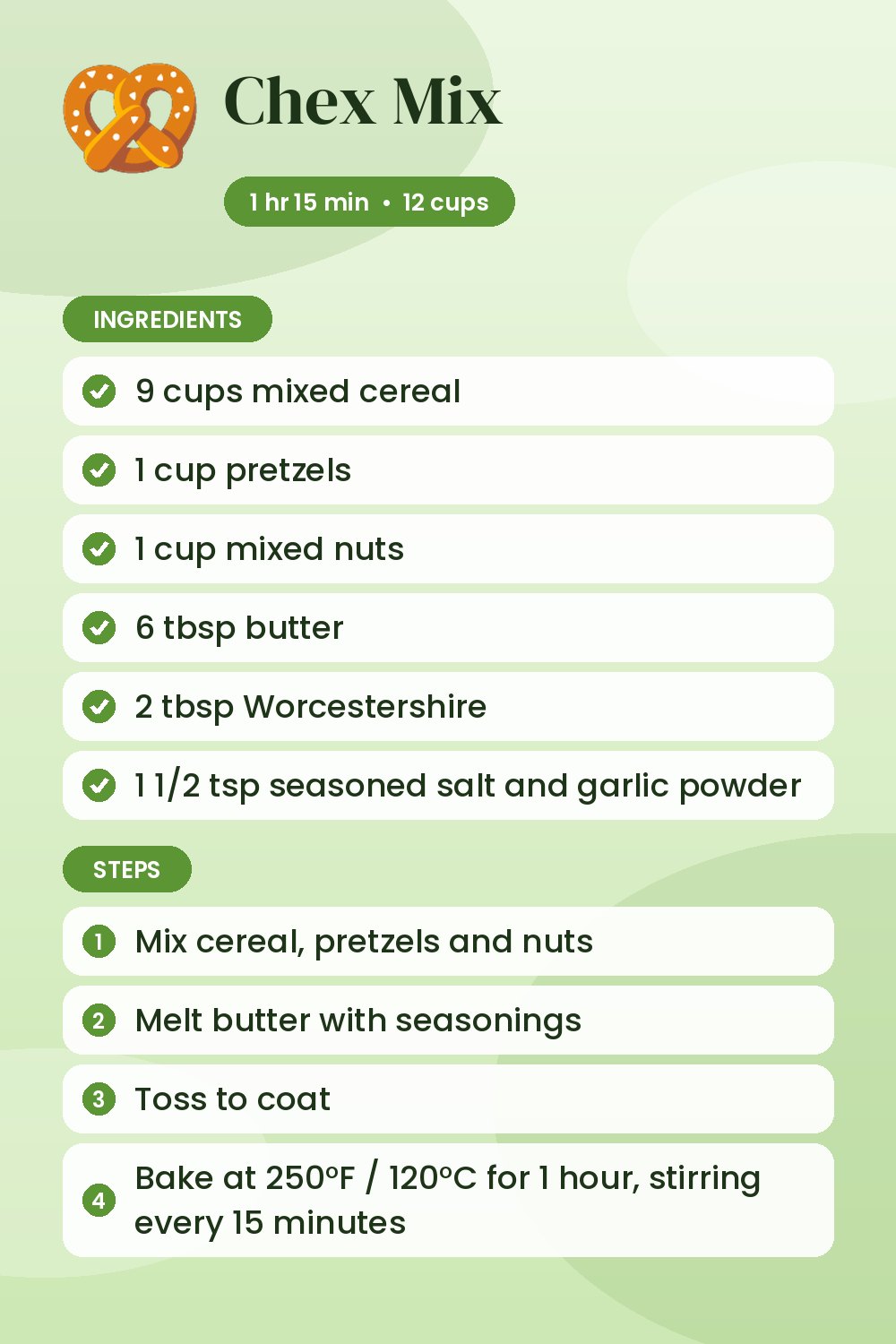 Chex Mix: recipe card with ingredients and steps