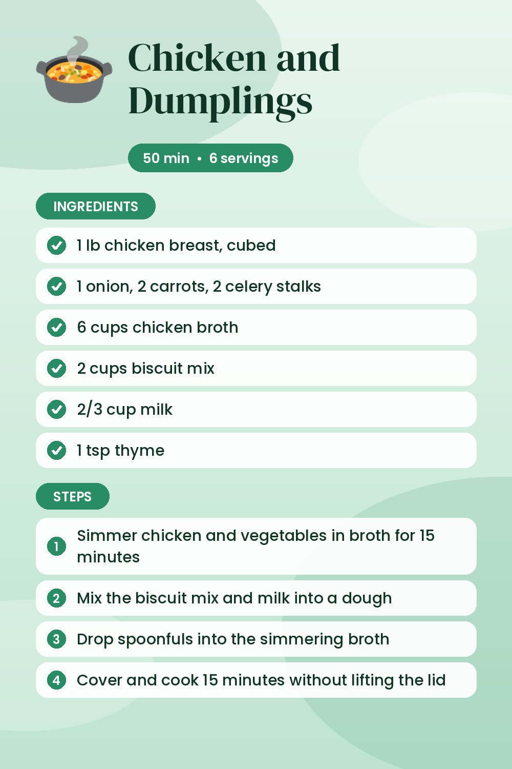 Chicken and Dumplings: recipe card with ingredients and steps