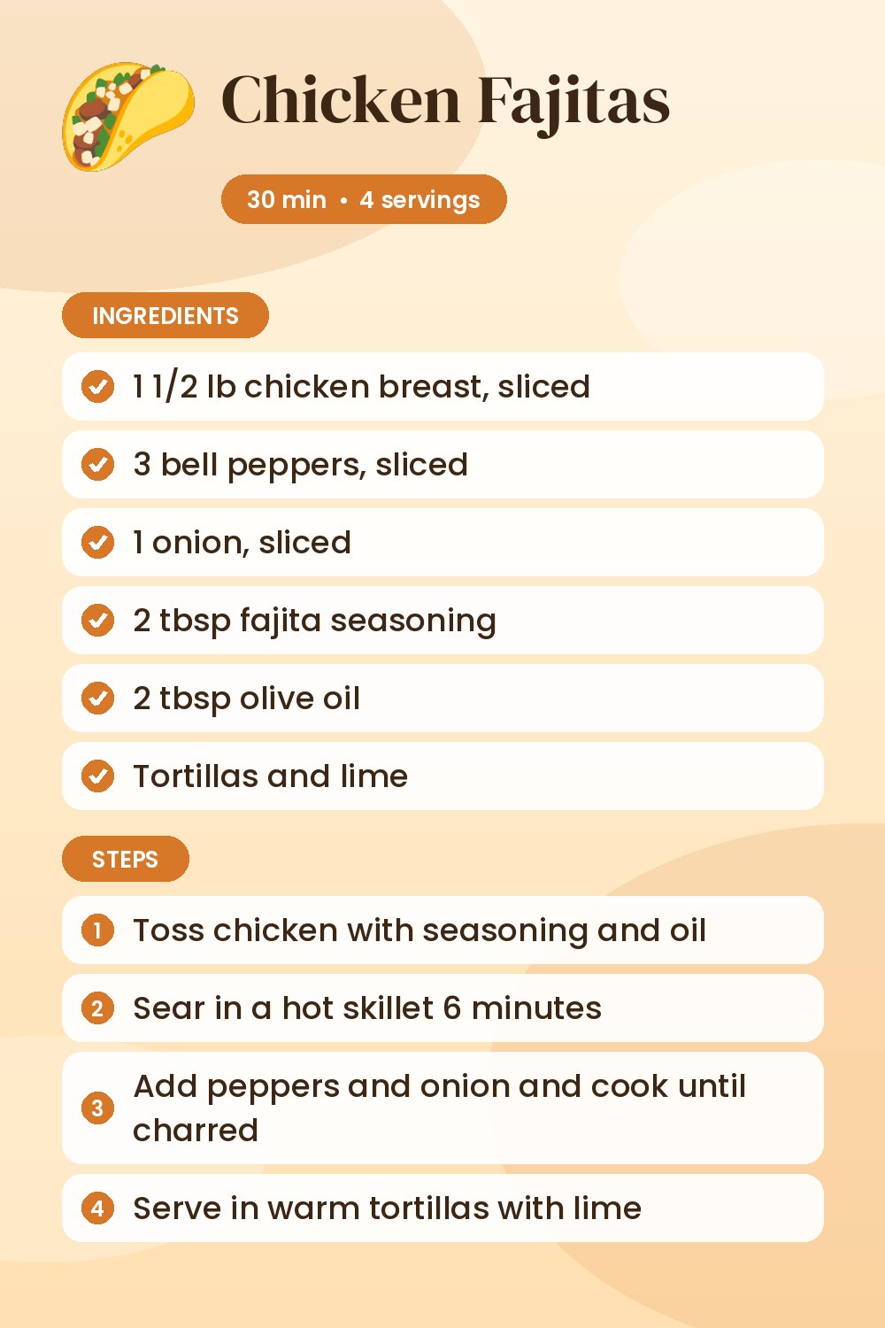 Chicken Fajitas: recipe card with ingredients and steps