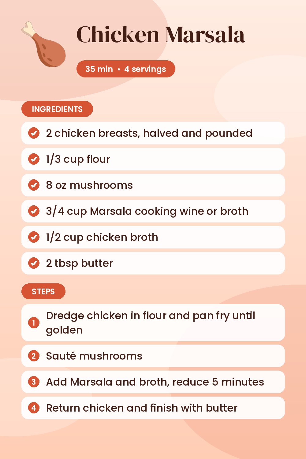 Chicken Marsala: recipe card with ingredients and steps