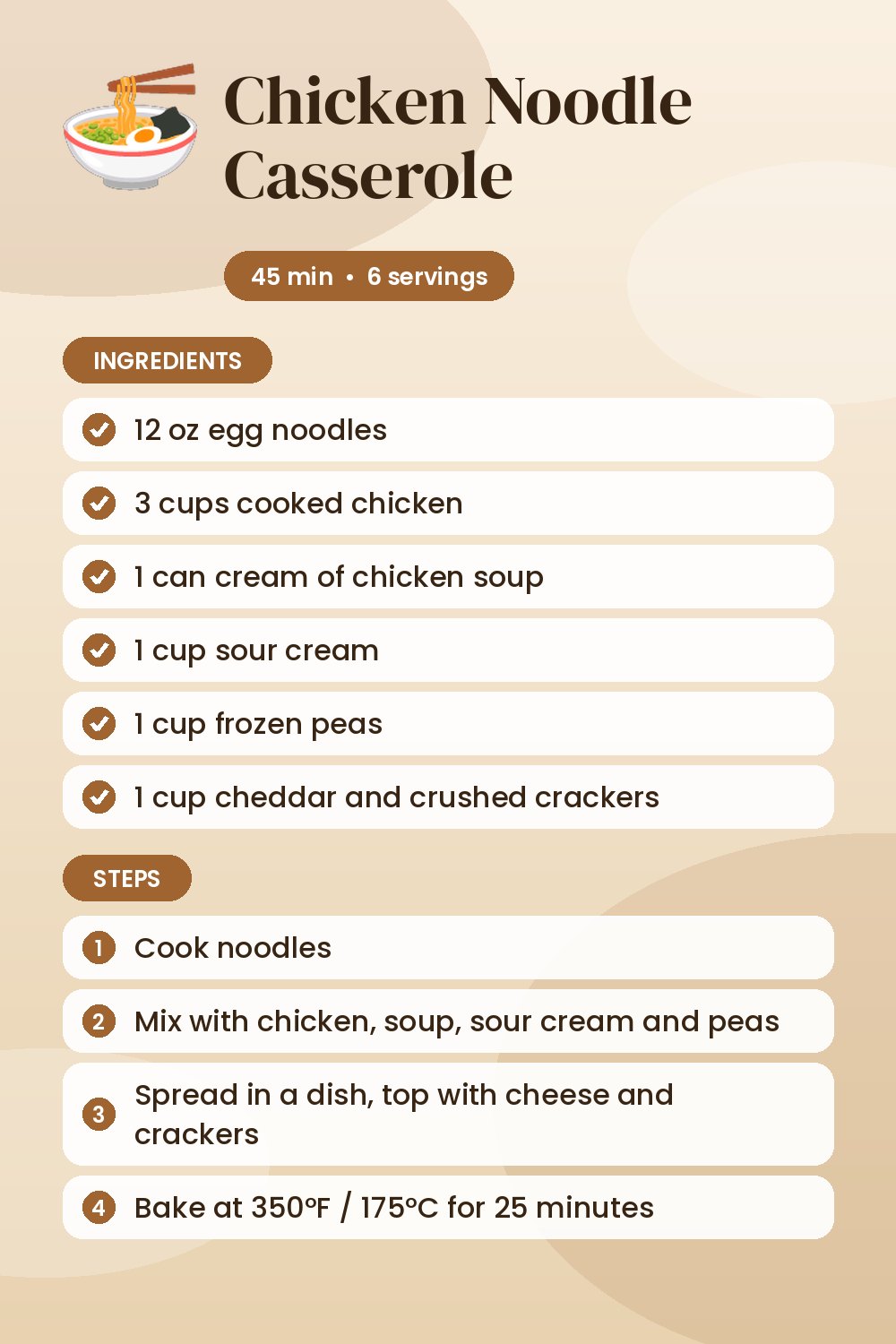 Chicken Noodle Casserole: recipe card with ingredients and steps