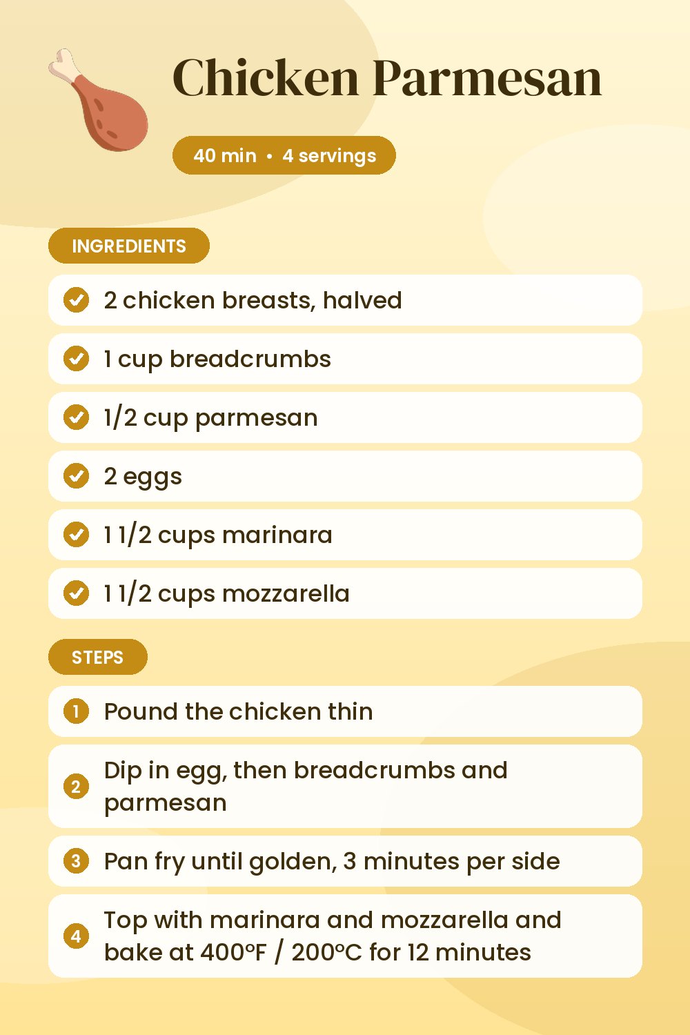 Chicken Parmesan: recipe card with ingredients and steps