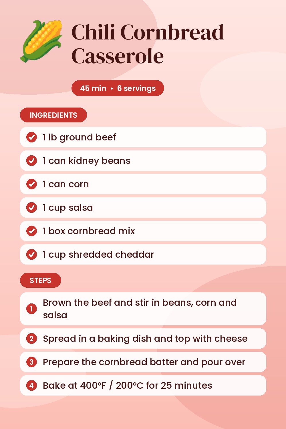 Chili Cornbread Casserole: recipe card with ingredients and steps