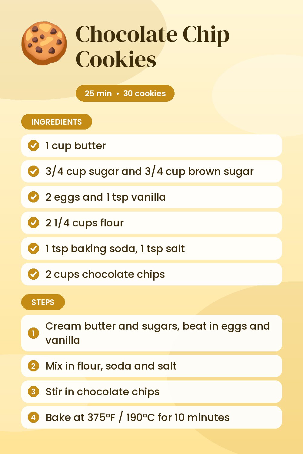 Chocolate Chip Cookies: recipe card with ingredients and steps
