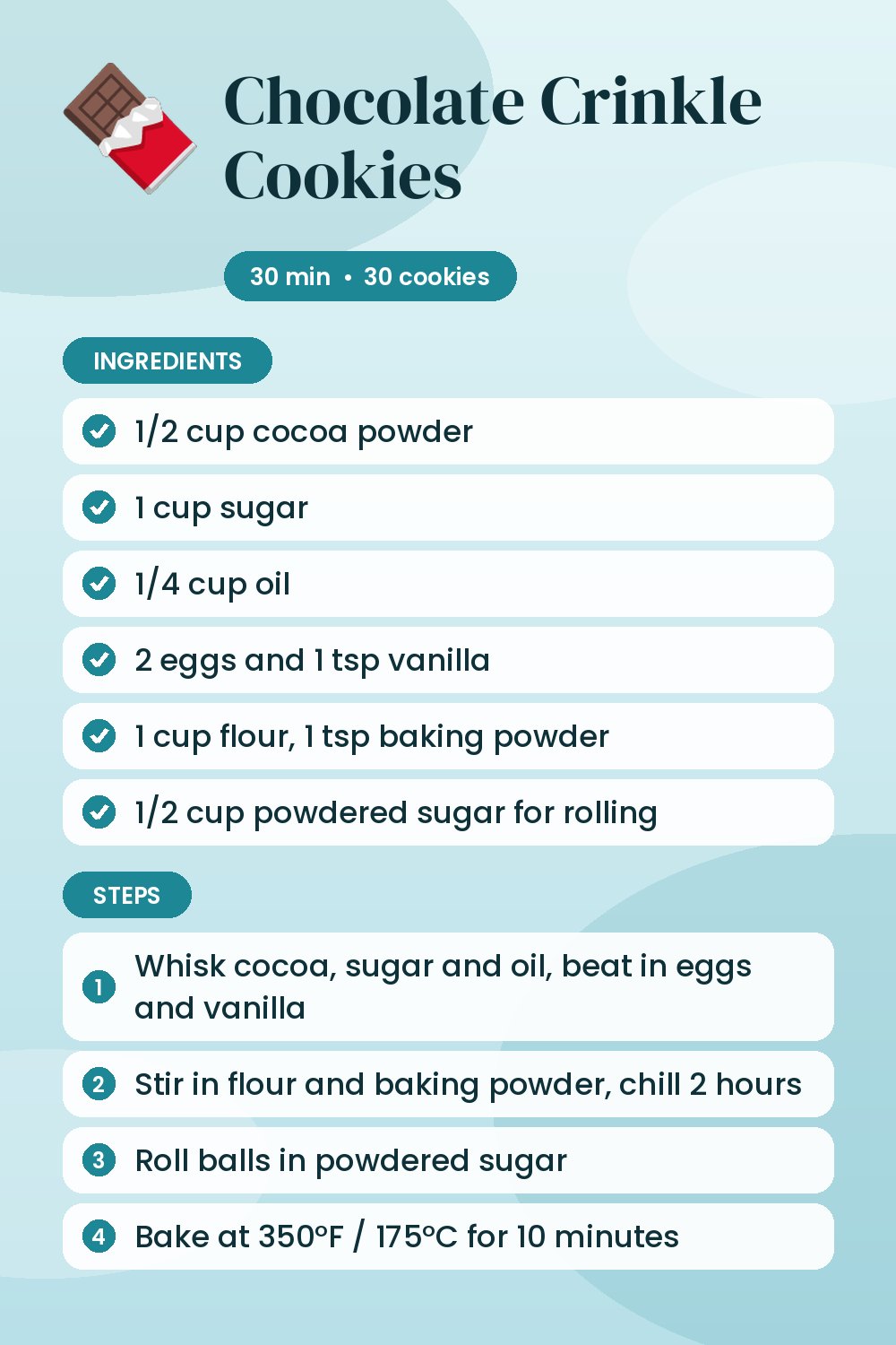 Chocolate Crinkle Cookies: recipe card with ingredients and steps