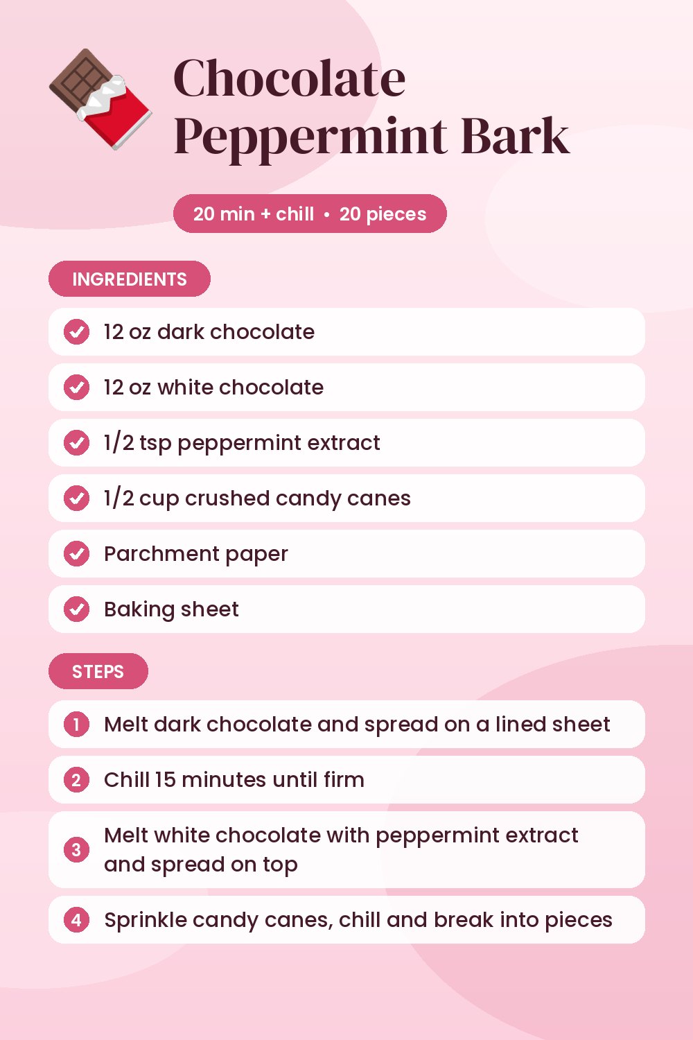 Chocolate Peppermint Bark: recipe card with ingredients and steps