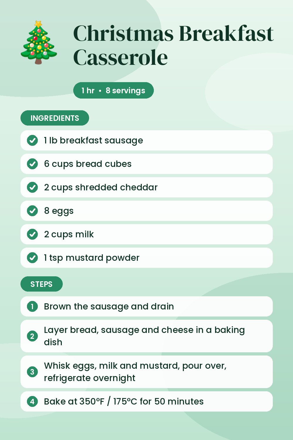 Christmas Breakfast Casserole: recipe card with ingredients and steps