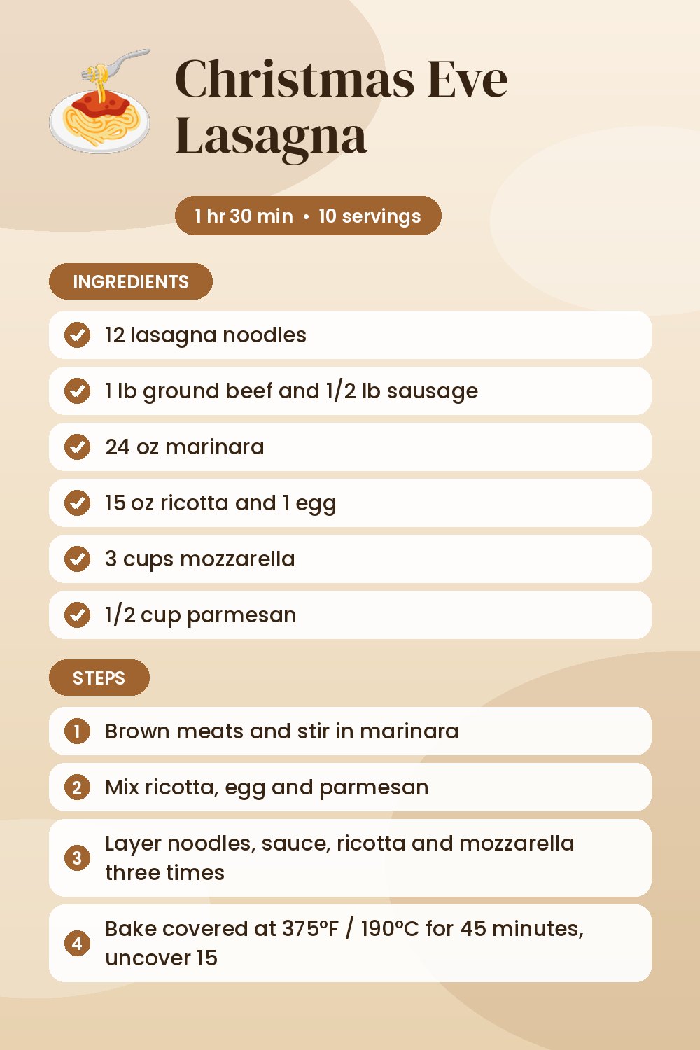 Christmas Eve Lasagna: recipe card with ingredients and steps