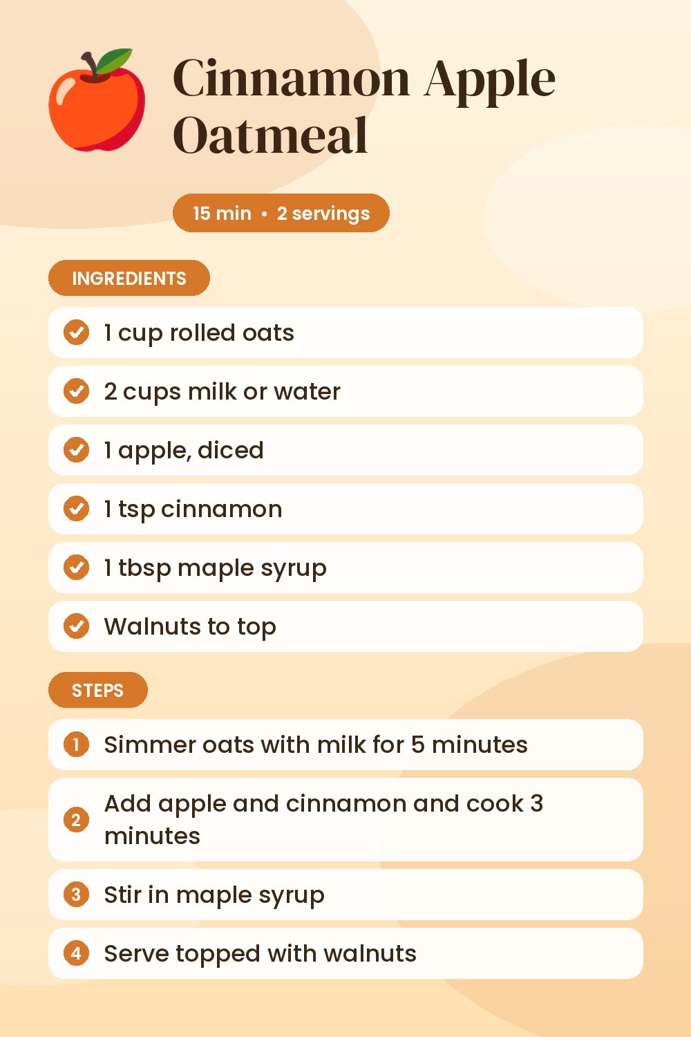 Cinnamon Apple Oatmeal: recipe card with ingredients and steps