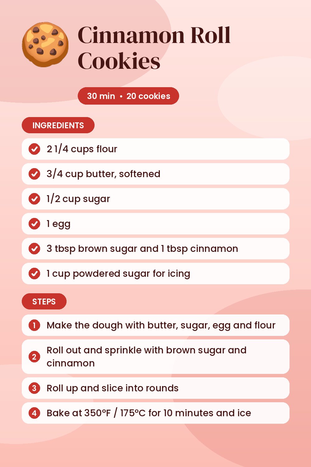 Cinnamon Roll Cookies: recipe card with ingredients and steps