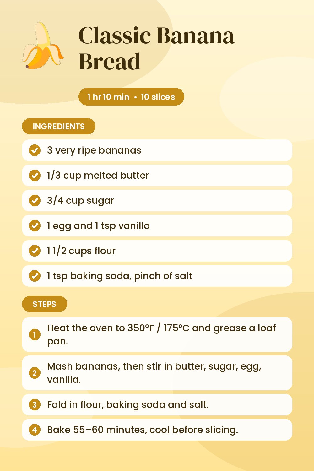 Classic Banana Bread: recipe card with ingredients and steps