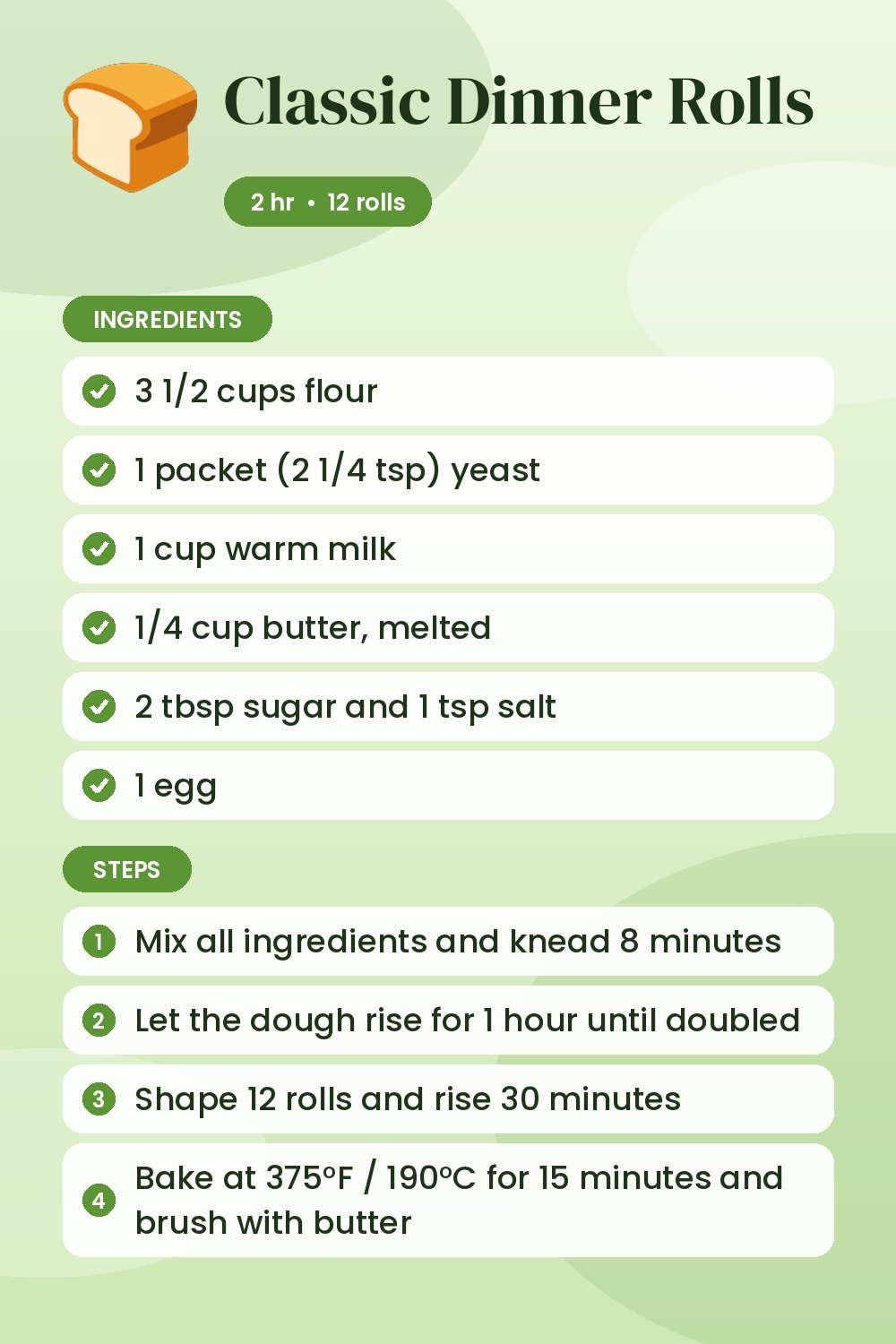 Classic Dinner Rolls: recipe card with ingredients and steps