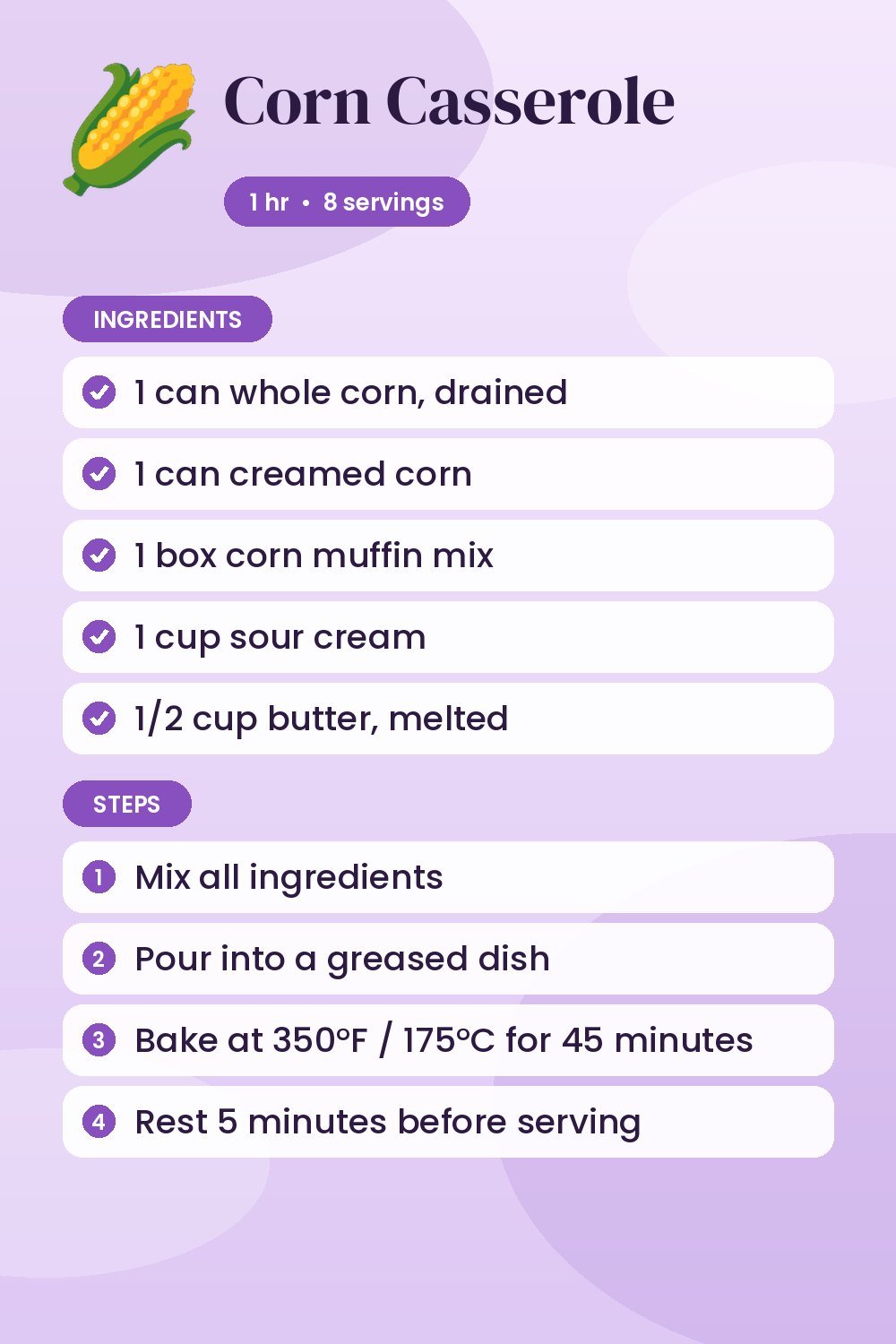 Corn Casserole: recipe card with ingredients and steps