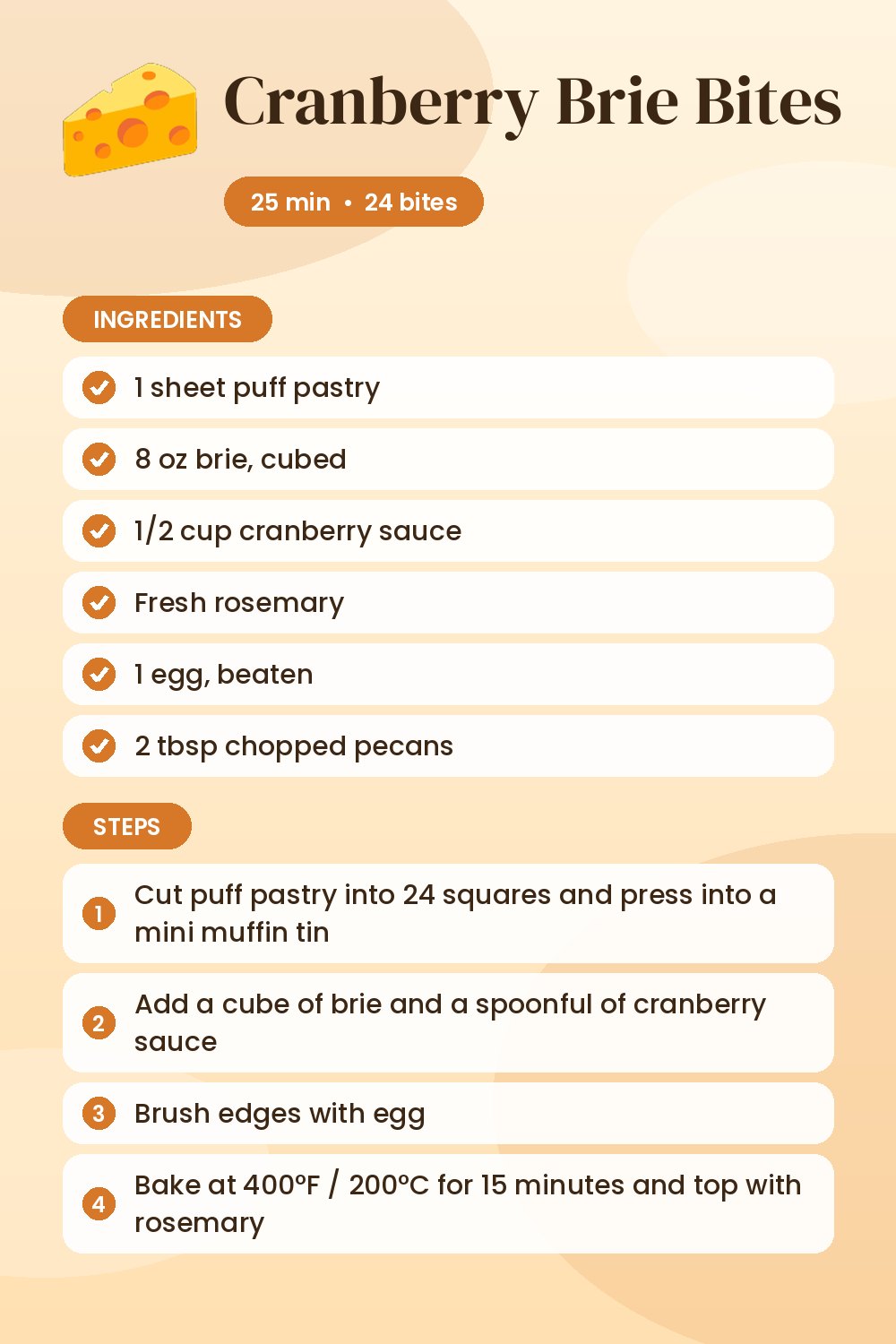 Cranberry Brie Bites: recipe card with ingredients and steps