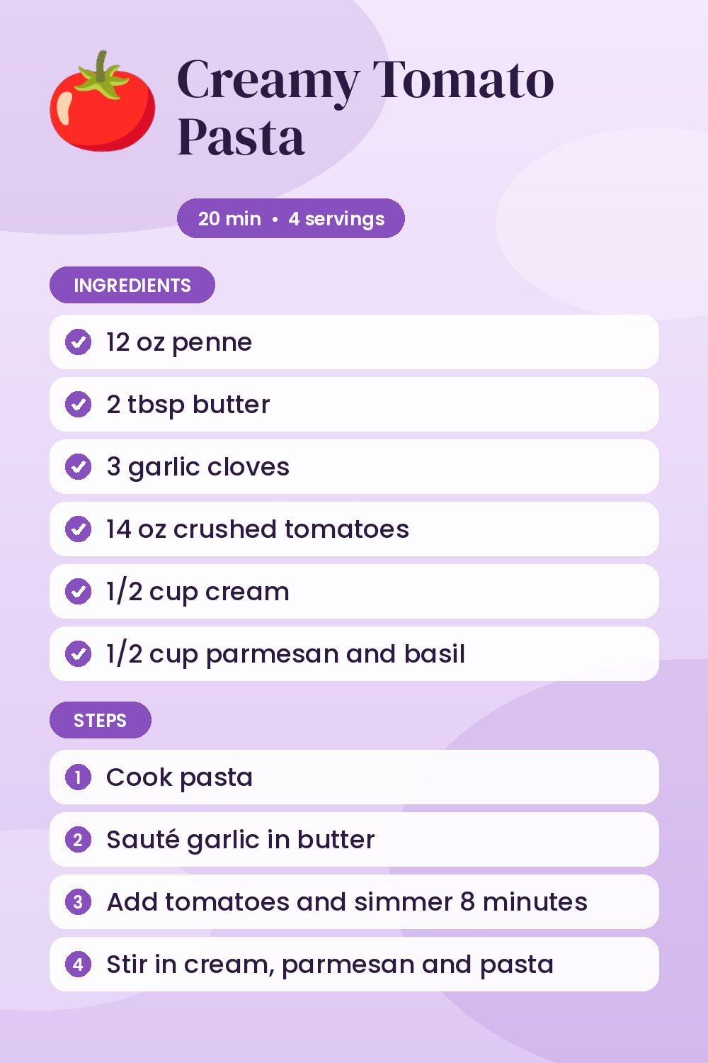 Creamy Tomato Pasta: recipe card with ingredients and steps