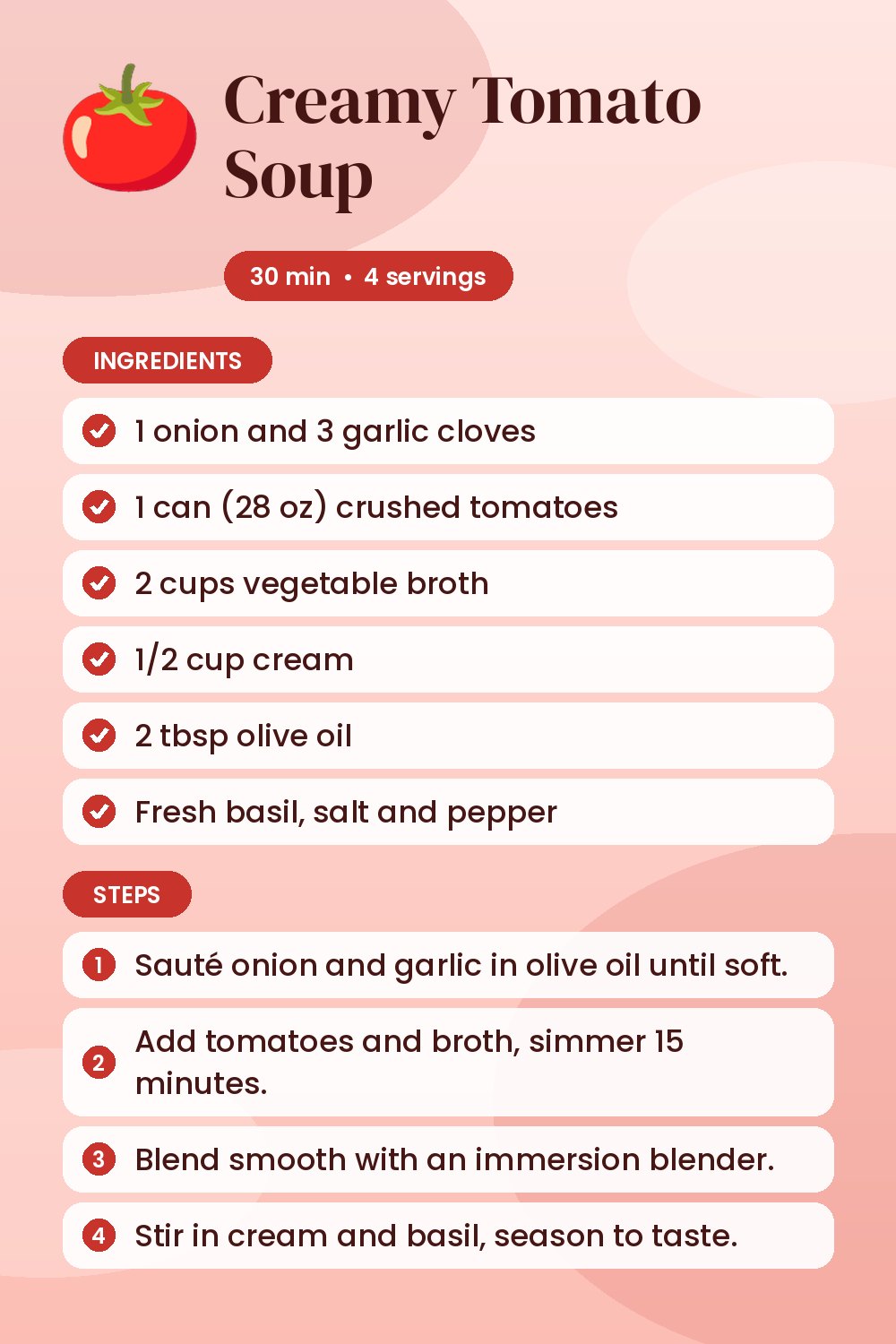Creamy Tomato Soup: recipe card with ingredients and steps