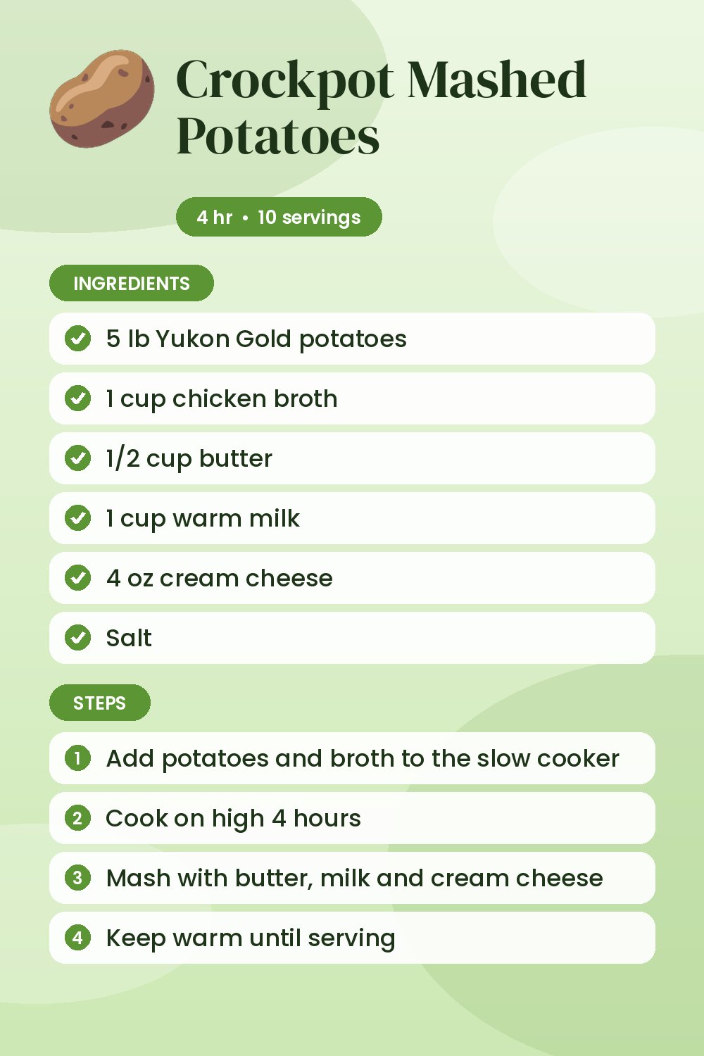 Crockpot Mashed Potatoes: recipe card with ingredients and steps