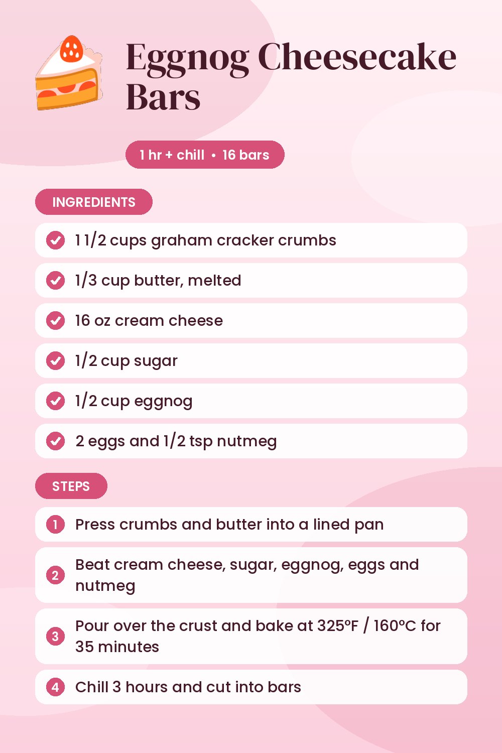 Eggnog Cheesecake Bars: recipe card with ingredients and steps