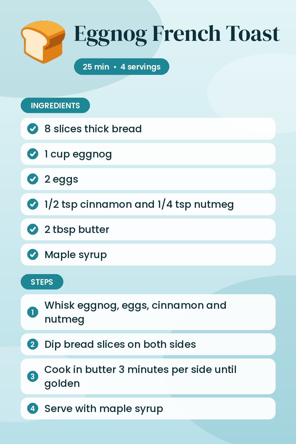 Eggnog French Toast: recipe card with ingredients and steps