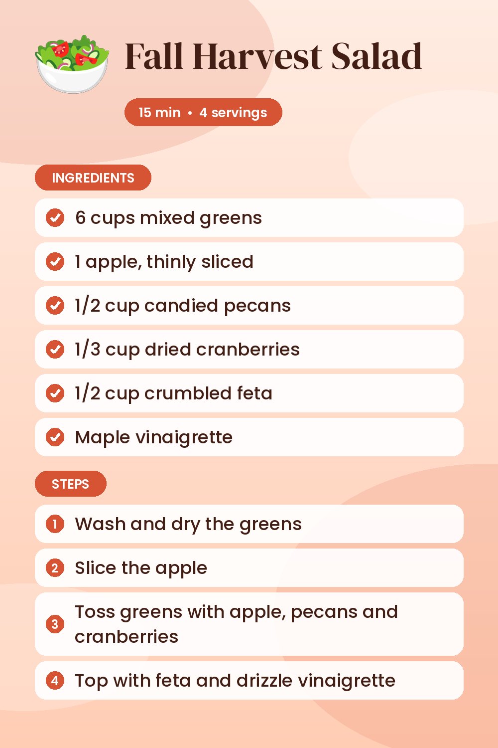 Fall Harvest Salad: recipe card with ingredients and steps