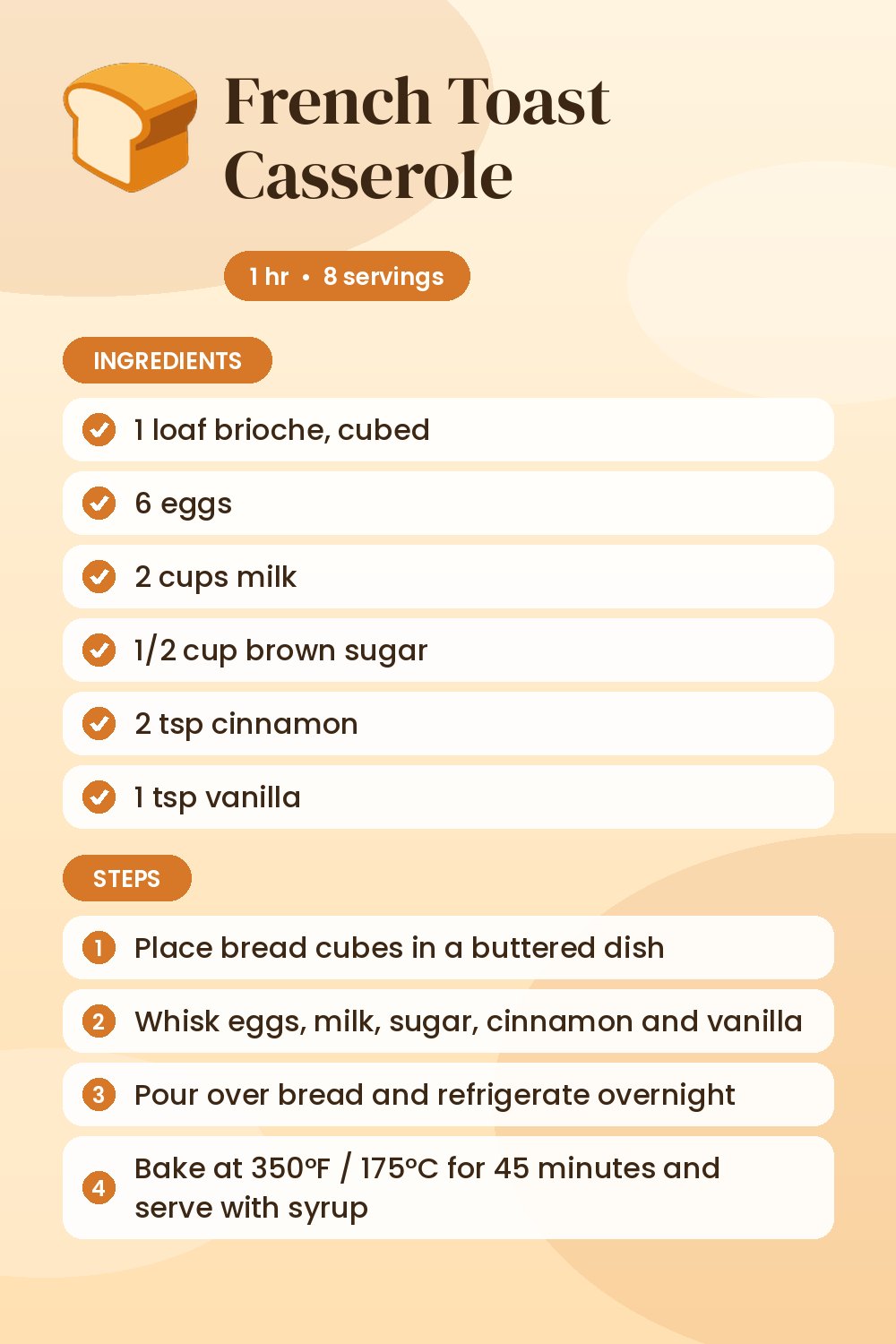 French Toast Casserole: recipe card with ingredients and steps