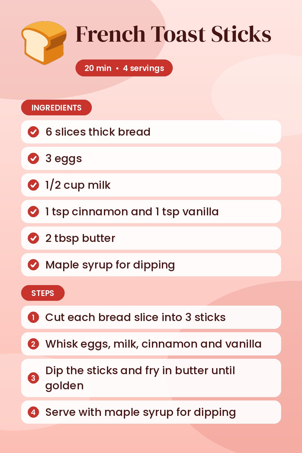 French Toast Sticks: recipe card with ingredients and steps
