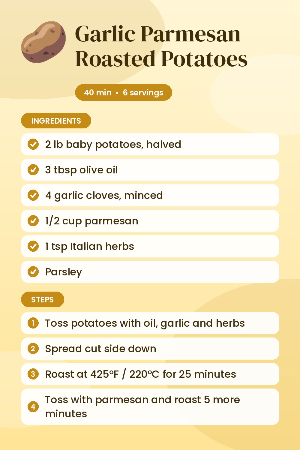 Garlic Parmesan Roasted Potatoes: recipe card with ingredients and steps