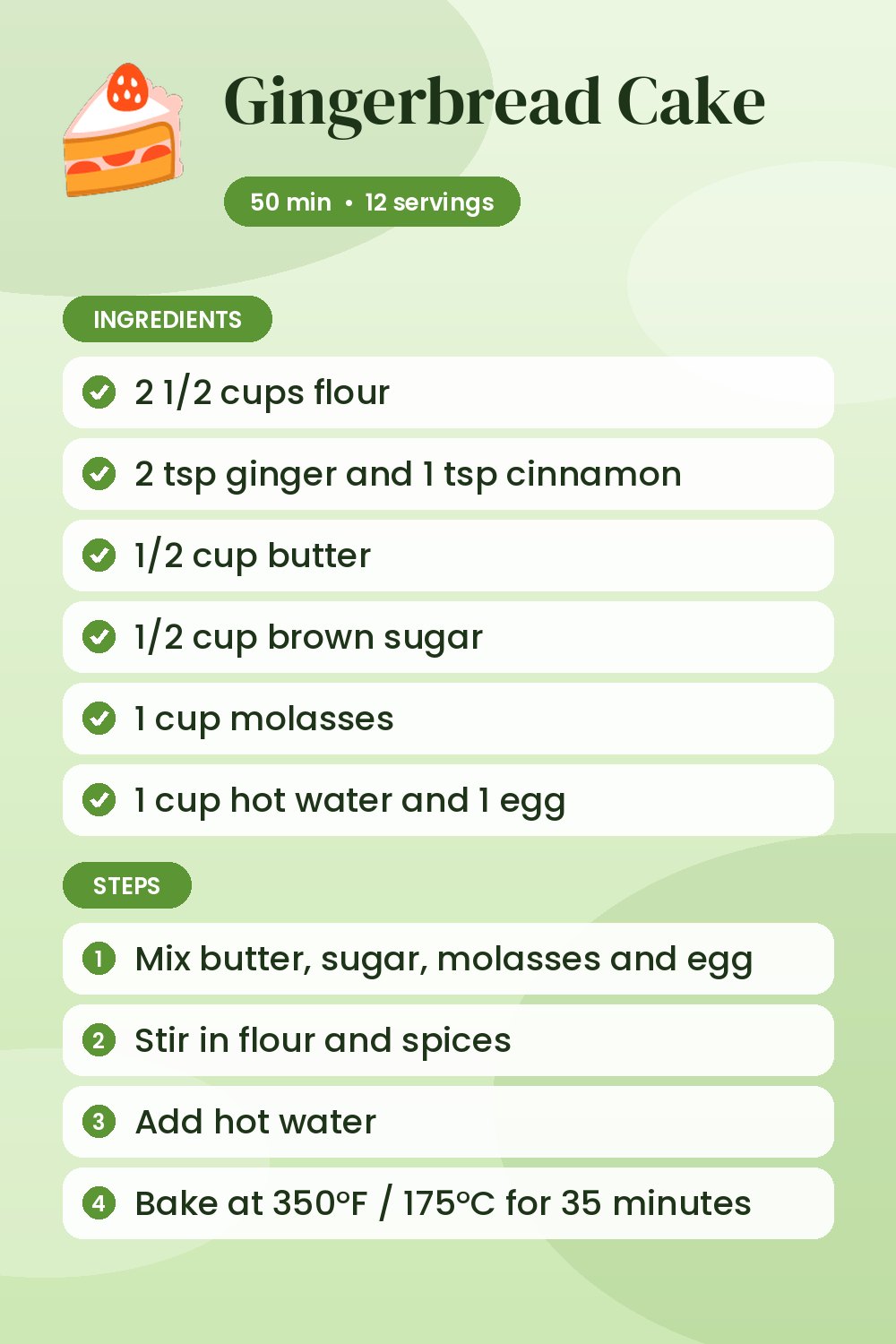 Gingerbread Cake: recipe card with ingredients and steps