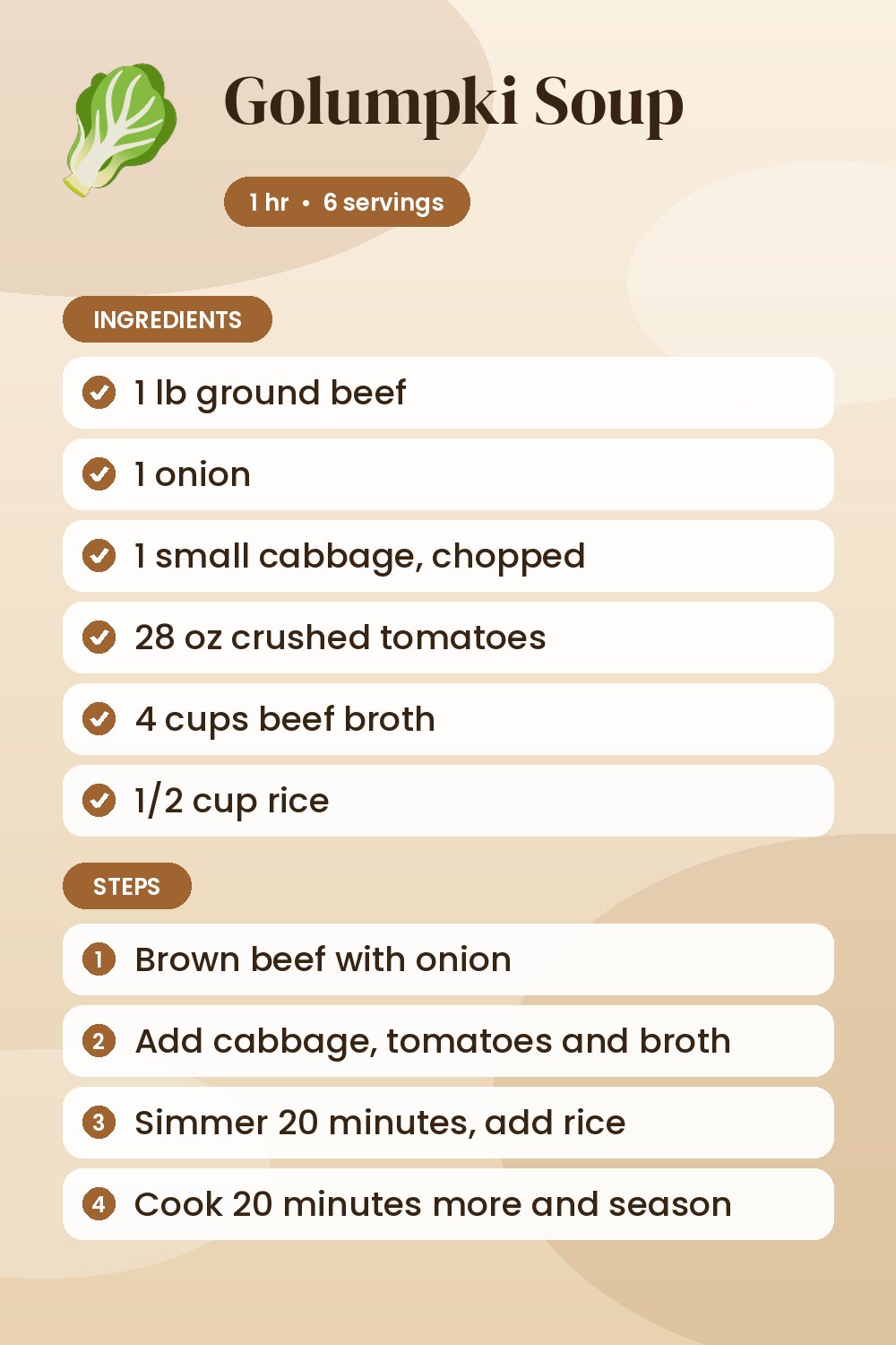 Golumpki Soup: recipe card with ingredients and steps