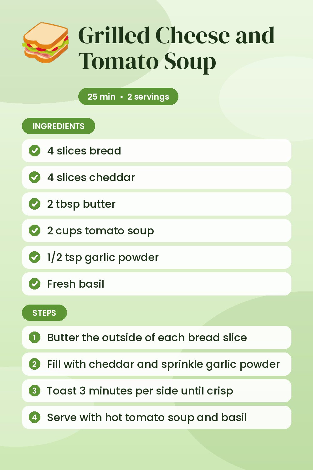 Grilled Cheese and Tomato Soup: recipe card with ingredients and steps